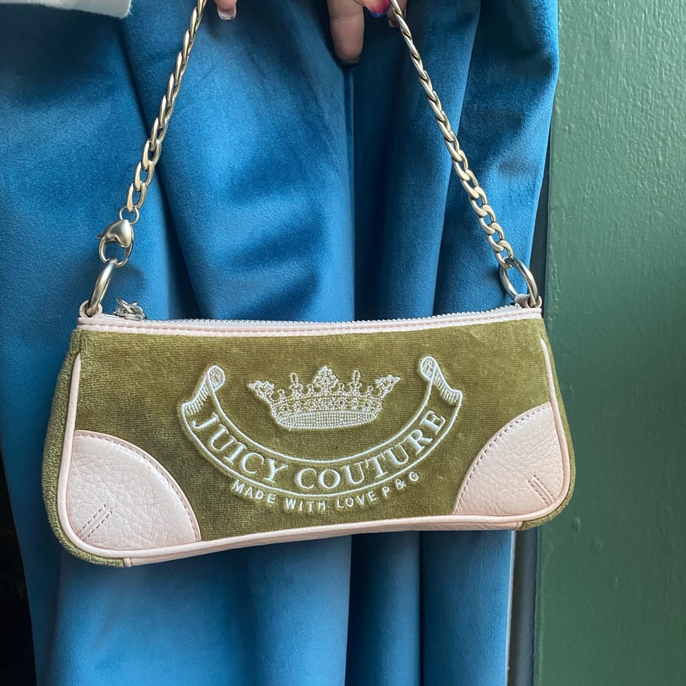 Juicy Couture Shoulder Purse Olive Brown Velour & Beige Pink Leather
